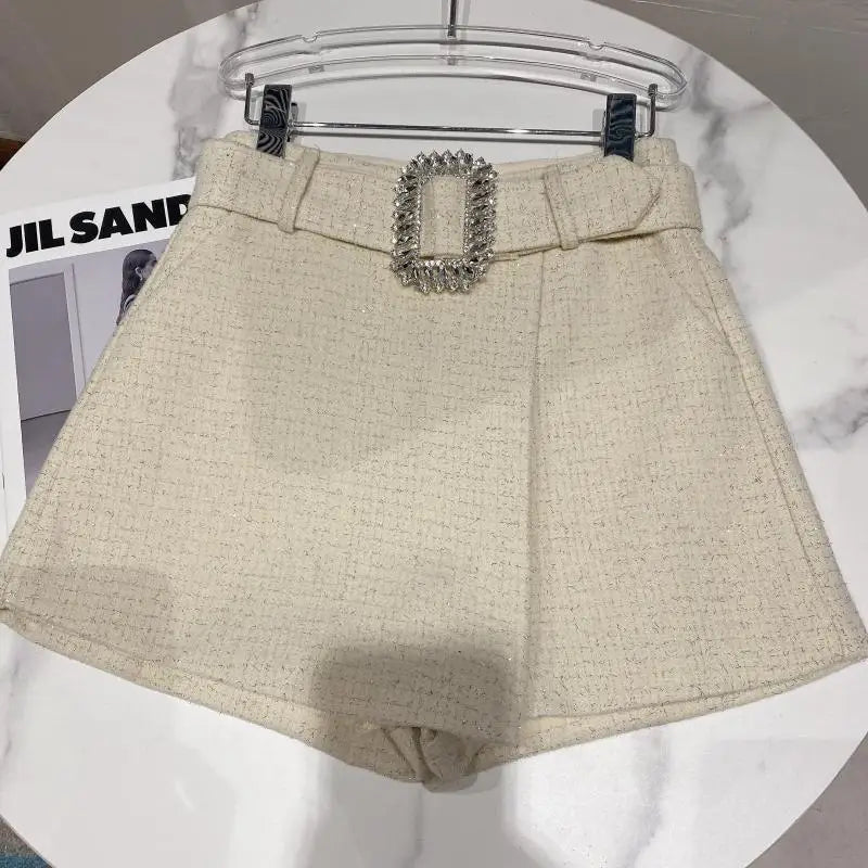 2022 Spring Autumn New shiny sequins Plaid Shorts with Belt for Lady Rhinestone Bright Silk Tweed Folding Short Boots Women