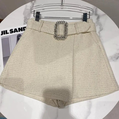 2022 Spring Autumn New shiny sequins Plaid Shorts with Belt for Lady Rhinestone Bright Silk Tweed Folding Short Boots Women