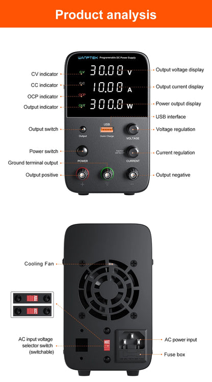 Wanptek Adjustable DC Power Supply 30V 10A LED Lab Bench Power Source Stabilized Switch Power Supply Voltage Regulator 60V 5A
