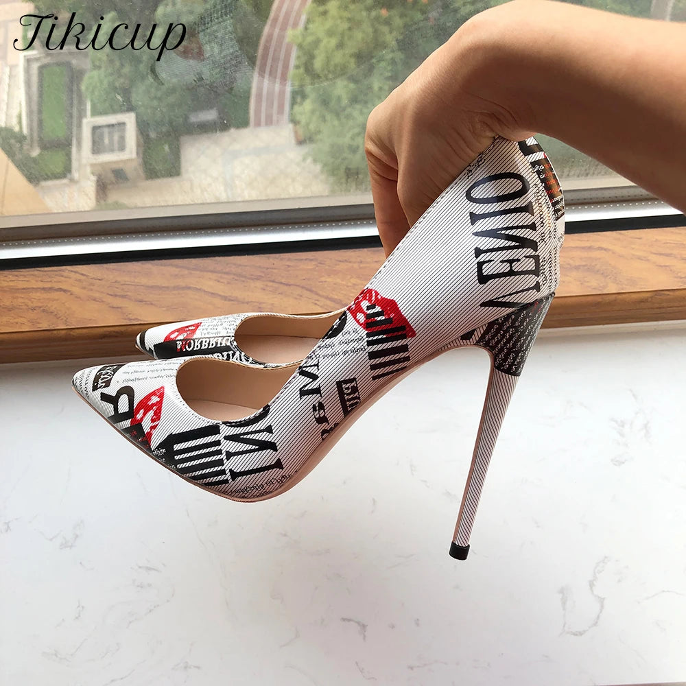 Tikicup Graphic Print Women White Pointy Toe High Heel Dress Shoes Sexy Ladies Slip On Designer Stiletto Pumps Big Size 43 44 45.