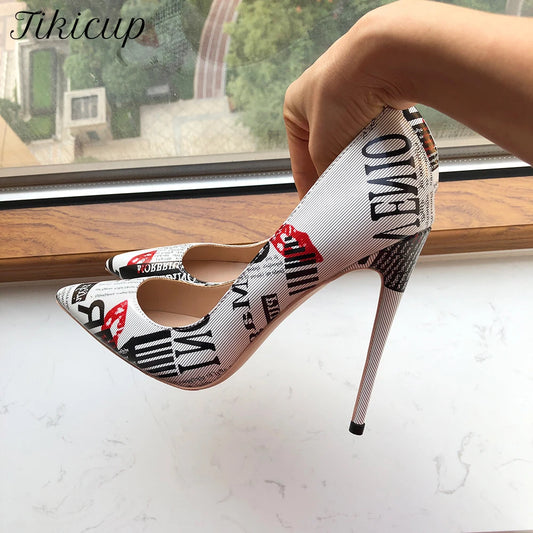 Tikicup Graphic Print Women White Pointy Toe High Heel Dress Shoes Sexy Ladies Slip On Designer Stiletto Pumps Big Size 43 44 45.