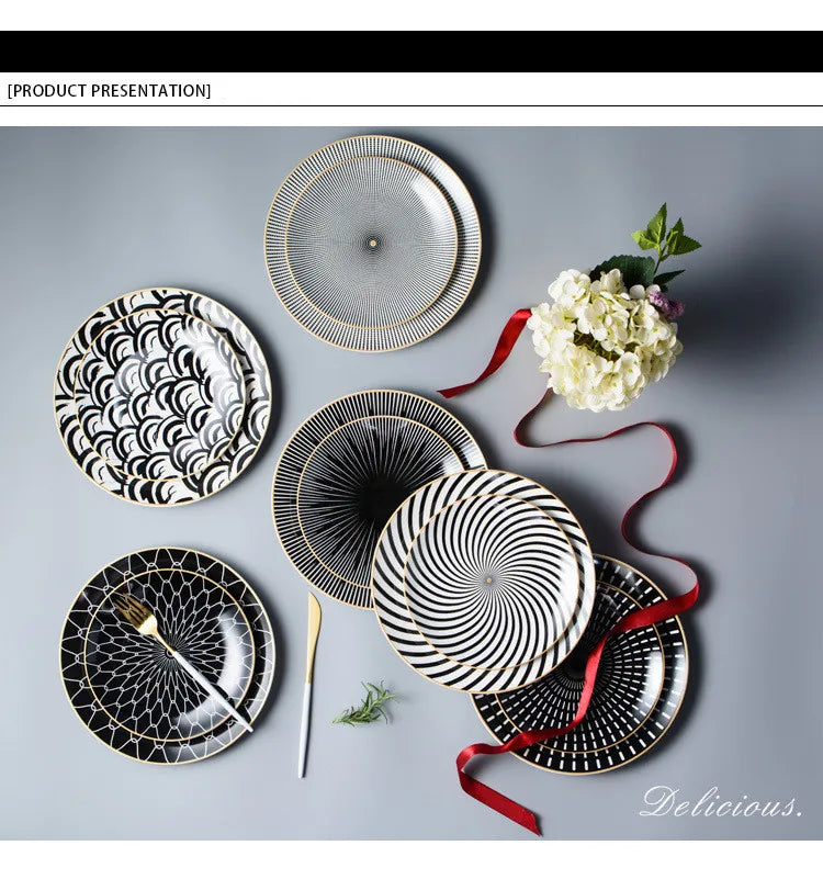 Geometric Design Gold Plating Meal Plate Porcelain Kitchen Dinner Plates Ceramics Food Tray Salad Dish 6/8/10 Inch 1Pcs.