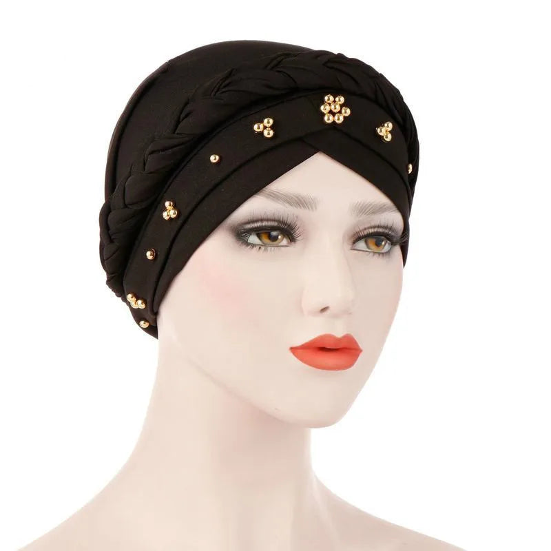 KepaHoo Women Hair Care Islamic Jersey Head Scarf Milk Silk Muslim Hijab Beads Braid Wrap Stretch Turban Hat Chemo Cap Head Wrap.