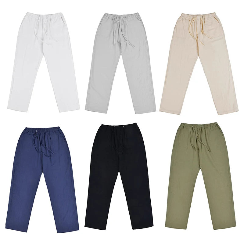 Men's Cotton Linen Long Pants Summer Solid Color Breathable Linen Trousers Male Casual Elastic Waist Casual Pants Harajuku Trous.