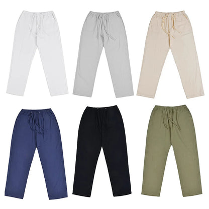 Men's Cotton Linen Long Pants Summer Solid Color Breathable Linen Trousers Male Casual Elastic Waist Casual Pants Harajuku Trous.