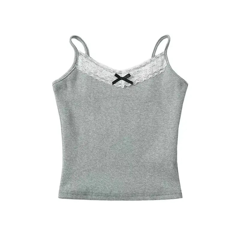 Women Summer New Fashion Lace Bow Tank Tops Vintage Sleeveless Backless Slim Casual Female Camis Chic Tops.