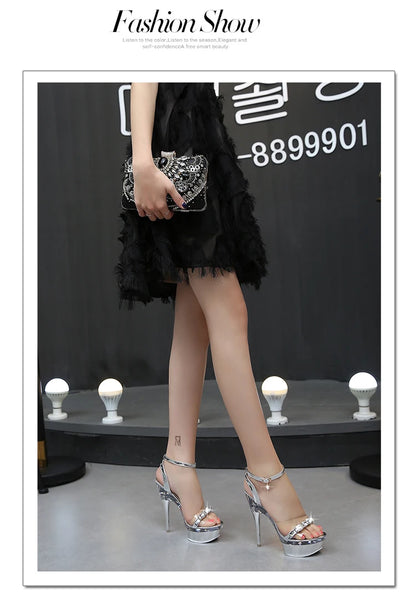 Sexy High Heels For Ladies Modern Sandals Electroplated Heel Women Shoes 2023 New Clear Peep Toe DRESS Crystal Shoes Size 43.