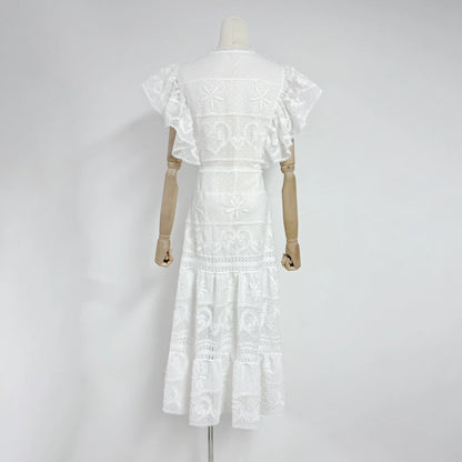 New Summer Elegant Embroidered Flowers Lotus Sleeves V-neck Woman Dress Lady Cotton Casual Dress.