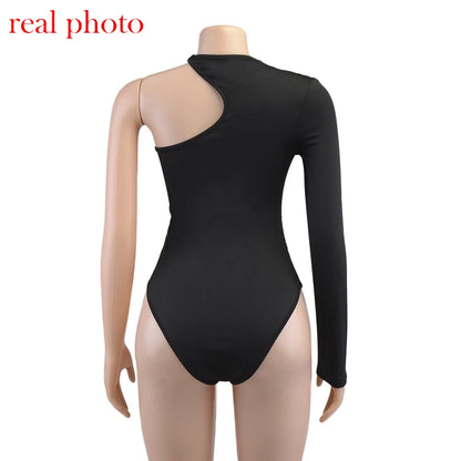 Cryptographic One Shoulder Sexy Backless Twist Bodysuits Women Long Sleeve Top Slim High Waist Bodysuit Club Party Streetwear.