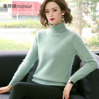 Herbst Winter 100% Nerz Kaschmir Pullover Frauen Strickwaren Pullover Dicke Warme Einfarbig Plus Größe Basis Hohe Revers Kleidung Tops.