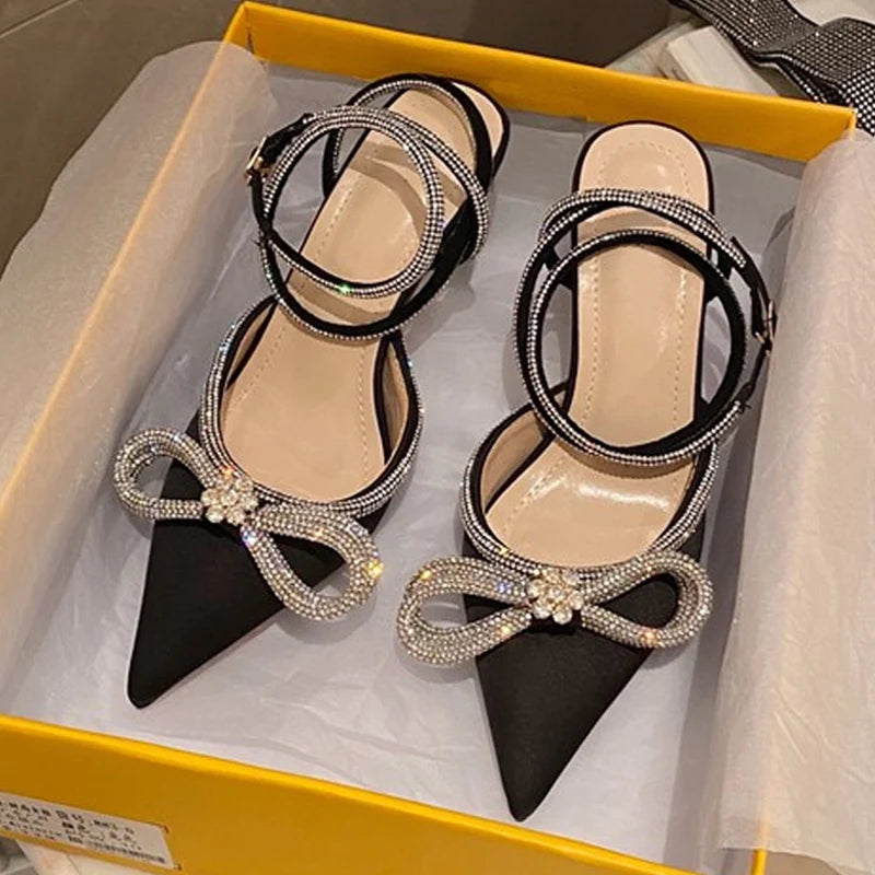 2025 New Fashion Glitter Rhinestones Women Pumps Crystal Bowknot Silk Pointed Toe Buckle Strap Thin High Heels Party Prom Shoes.