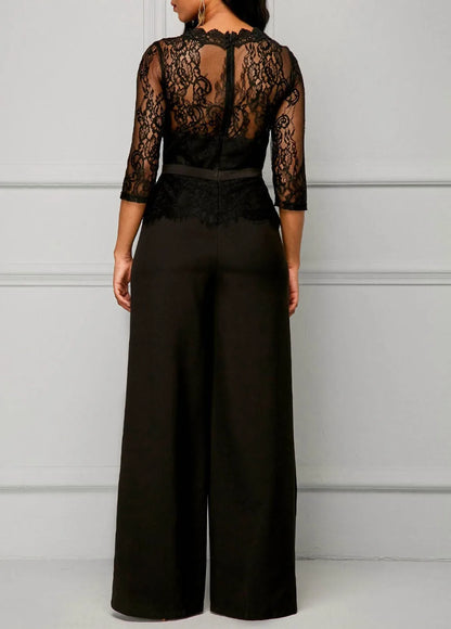 Elegant Sexy Jumpsuits Women Long Sleeve Lace Patchwork Jumpsuit Loose Trousers Wide Leg Pants Rompers Holiday Black Overalls.