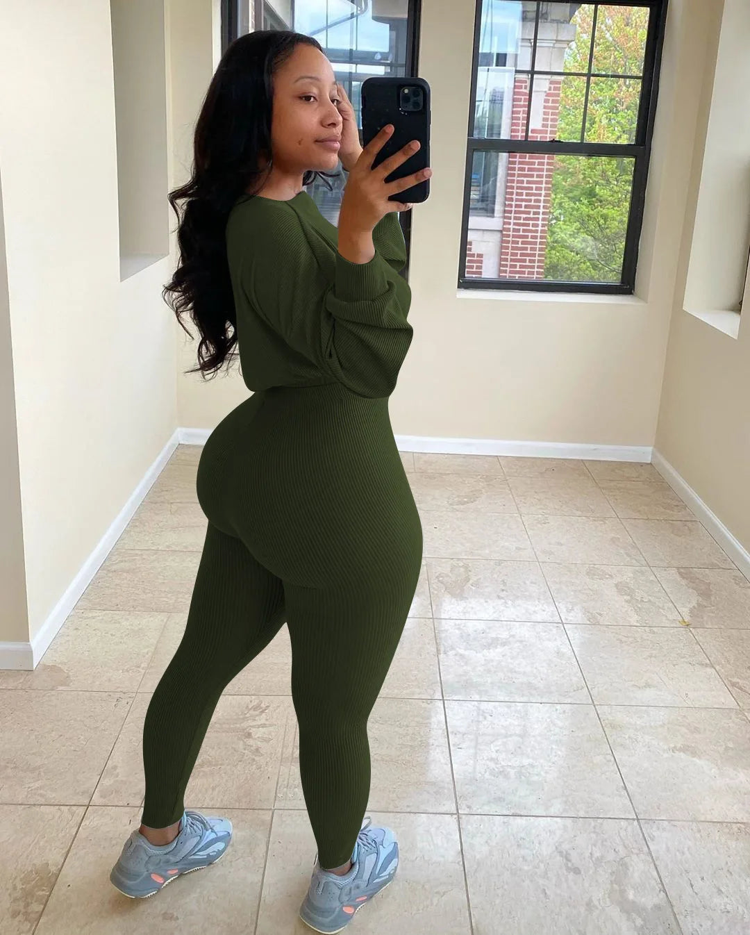 Letter Printed Embroidery Women Two Piece Ribbed Tracksuits Fall Spring Long Sleeve Sweatshirt and Skinny Pants Set.