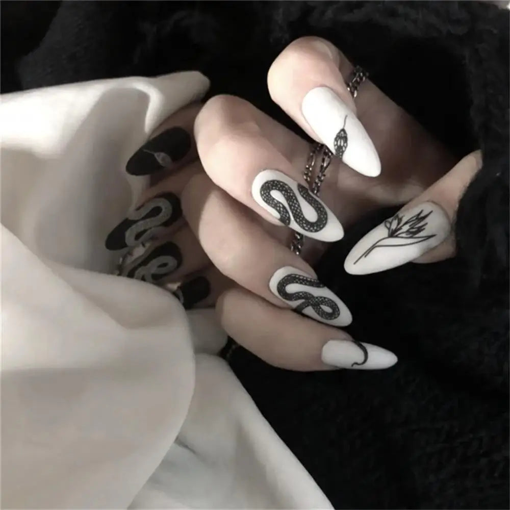 24pcs/set Long Stiletto Fake Nails Punk Snake Pattern Black White Matte False Nails Artificial Full Nail Tips Manicure Tools.