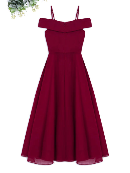 Elegantes Chiffon-Partykleid für Mädchen, schulterfrei, verstellbarer Spaghettiträger, bodenlanges Maxikleid für Hochzeit, Geburtstag, Abend.