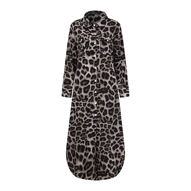 ZANZEA Party Vintage Leopard Robe Frauen 2025, Herbst Casual Langarm Maxi Lange Vestidos Kleid Mode Übergroßen Hemd Sommerkleid.
