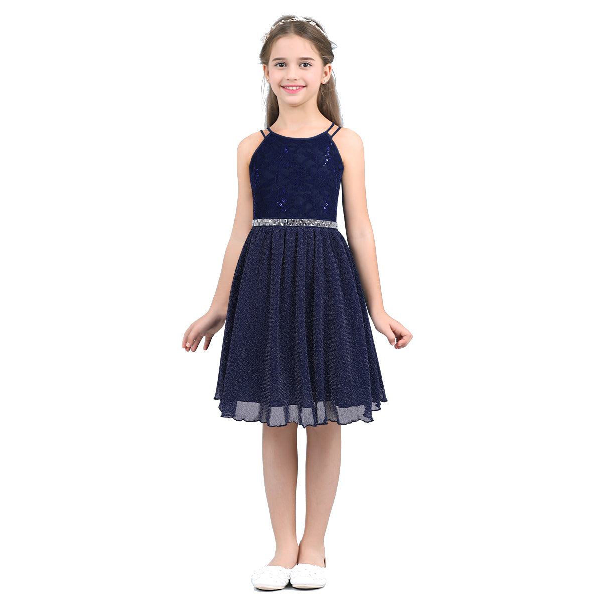 Iiniim Teen Mädchen Ärmellose Pailletten Floral Spitze Glänzenden Kleid Vestido de festa für Hochzeit Formale Geburtstag Party Sommer Kleider.