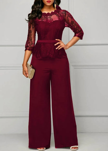 Elegant Sexy Jumpsuits Women Long Sleeve Lace Patchwork Jumpsuit Loose Trousers Wide Leg Pants Rompers Holiday Black Overalls.