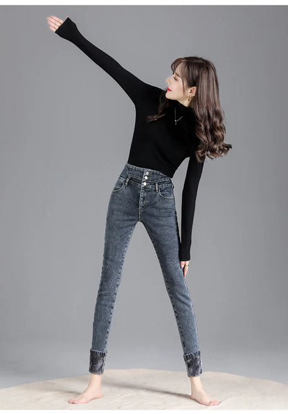 Thermische Winter Dicke Fleece High-taille Warme Dünne Jeans Dicke Frauen Stretch Taste Bleistift Hosen Mom Casual Samt Jeans.