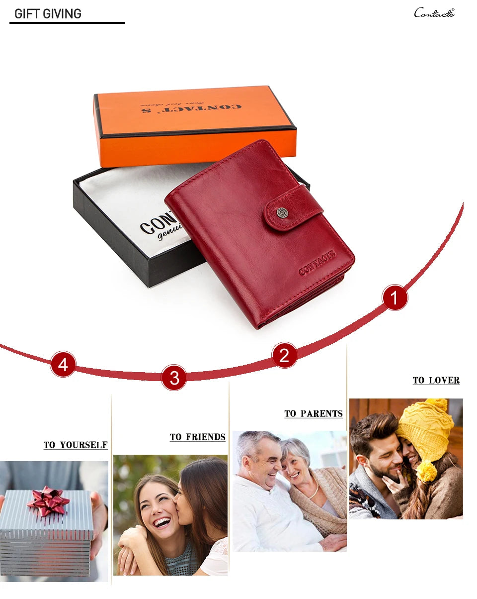 Contact'S Genuine Leather Wallets Women Men Wallet Short Small RFID Blocking Card Holder Wallets Ladies Red Coin Purse