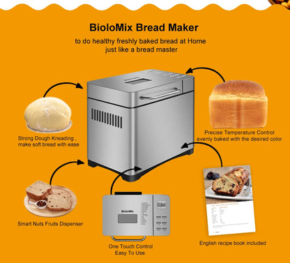 Biolomix Stainless Steel 1KG 19-in-1 Automatic Bread Maker 650W Programmable Bread Machine with 3 Loaf Sizes Fruit Nut Dispenser.