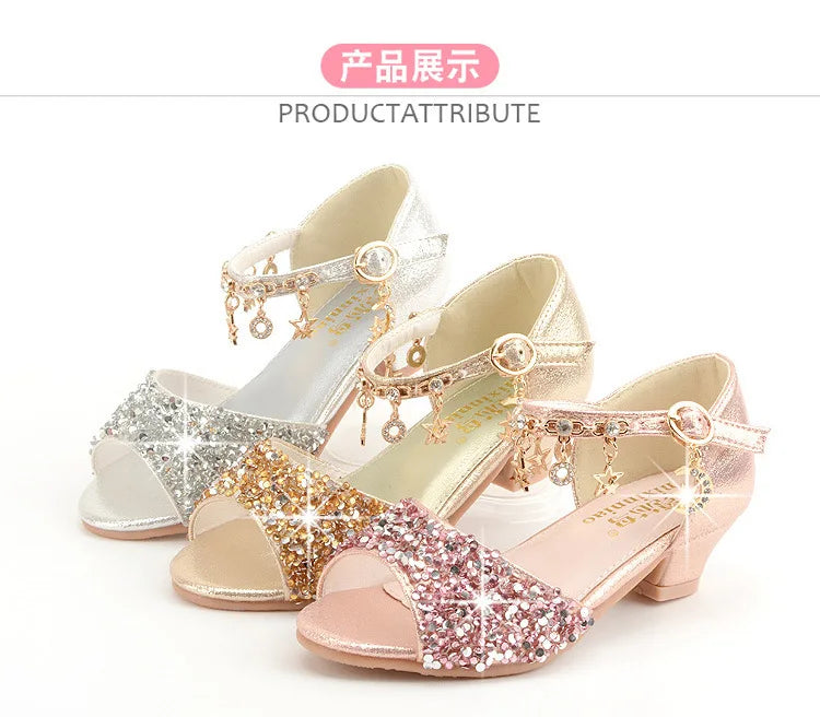 Girls Sandals Children Crystal Shoes 2023 Summer Kids Glitter Shoes High Heels Sequined Rhinestone Pendants Open Toes Princess.