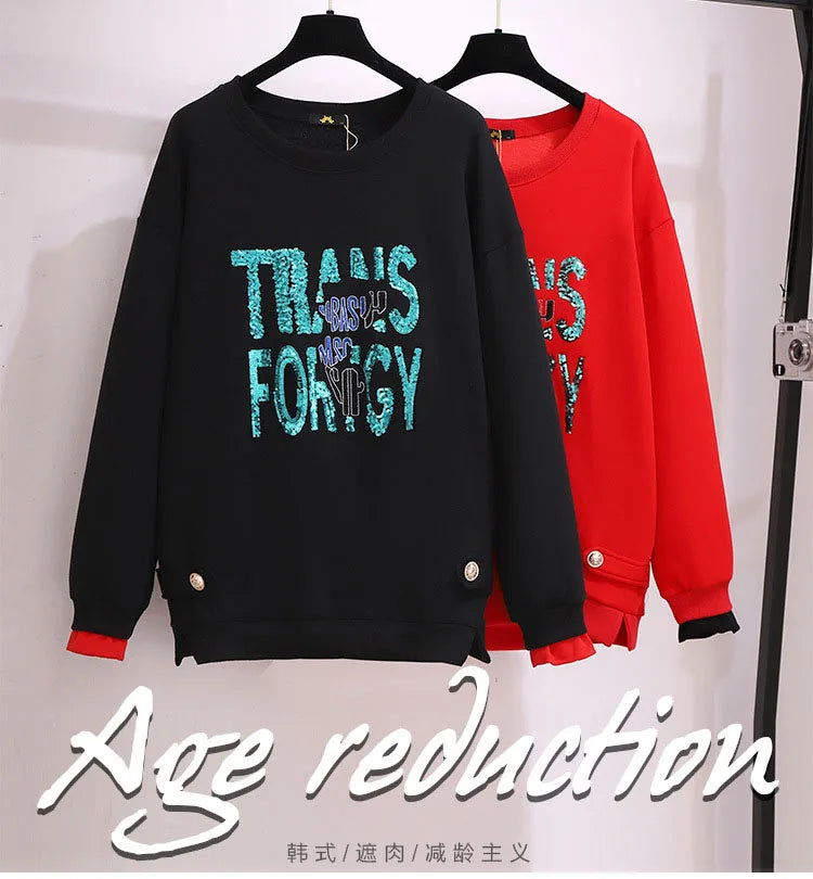 150 kg Übergröße Damen Büste 157 Winter Fleece Lose Pailletten Brief Sweatshirts Rundhals Pullover Top 5XL 6XL 7XL 8XL 9XL.