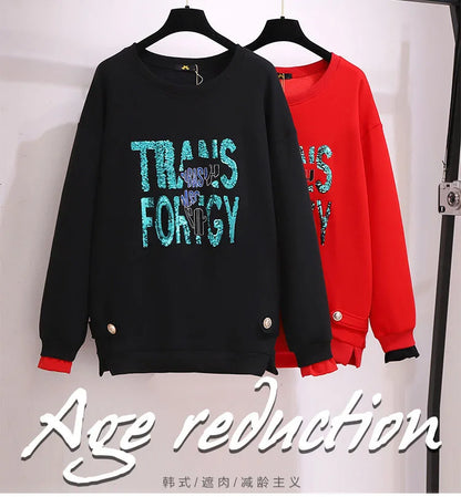 150 kg Übergröße Damen Büste 157 Winter Fleece Lose Pailletten Brief Sweatshirts Rundhals Pullover Top 5XL 6XL 7XL 8XL 9XL.