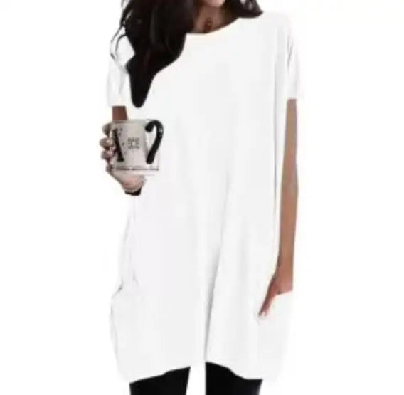 JAC228 K1130 Women's Short Sleeve O Neck Loose Solid Color Tunic Top.