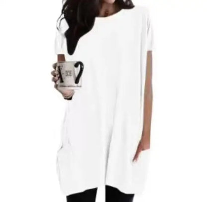 JAC228 K1130 Women's Short Sleeve O Neck Loose Solid Color Tunic Top.