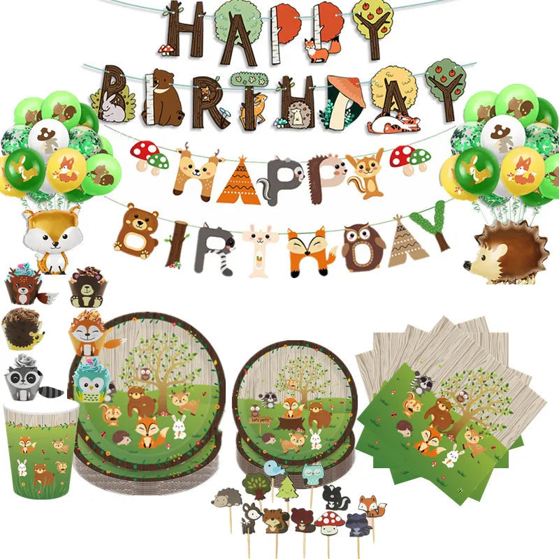 Dschungel Thema Partei Dekor Versorgung Einweg Geschirr Set Wald Tier Fuchs Hedgehog Ballon Baby Dusche Kid Geburtstag Kuchen Topper.