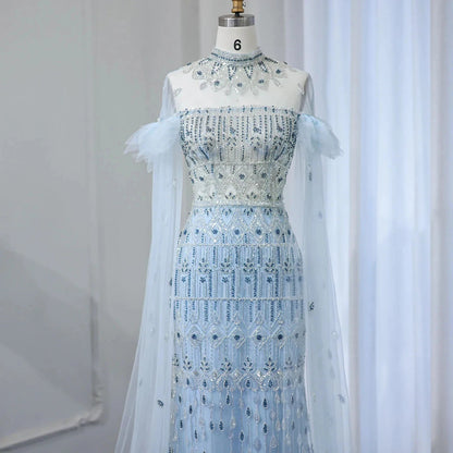 Jancember SZ096 Wholesale Illusal Lace Long Gown Women Party Plus Size Fashion Elegant Light Blue Evening Dress.