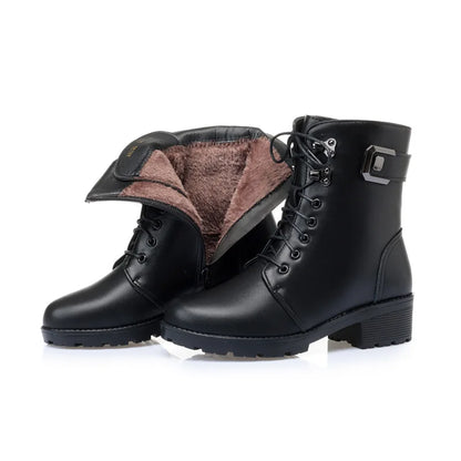 WOIZGIC Female Ladies Women Genuine Leather Ankle Boots Platform Winter Antumn Plush Fur Warm Shoes Plus Size Lace Up 35-43.