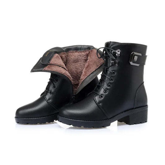 WOIZGIC Female Ladies Women Genuine Leather Ankle Boots Platform Winter Antumn Plush Fur Warm Shoes Plus Size Lace Up 35-43.