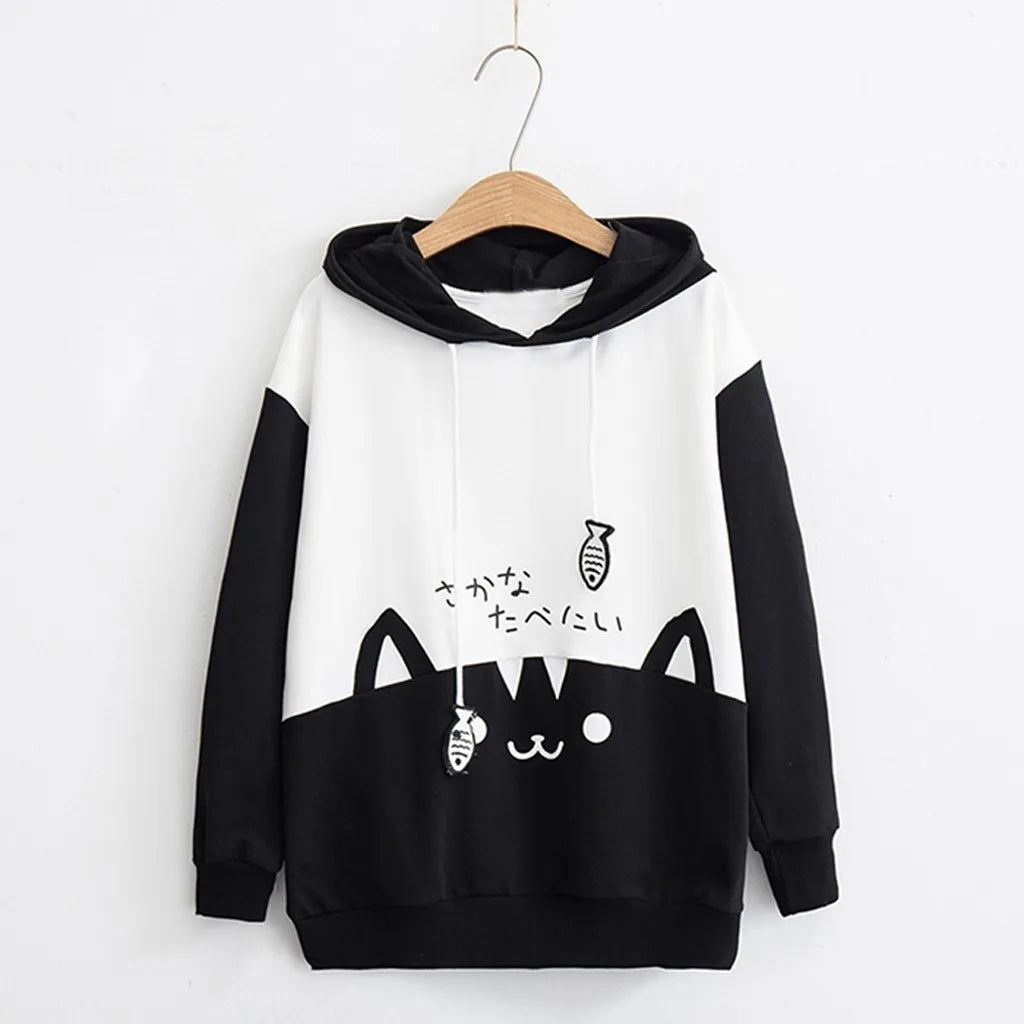 Spring Ladies Long Sleeve Cat Sweatshirt Womens Casual Kitty Cat Print Pocket Thin Hoodie Blouse Top Shirt худи женское платье.