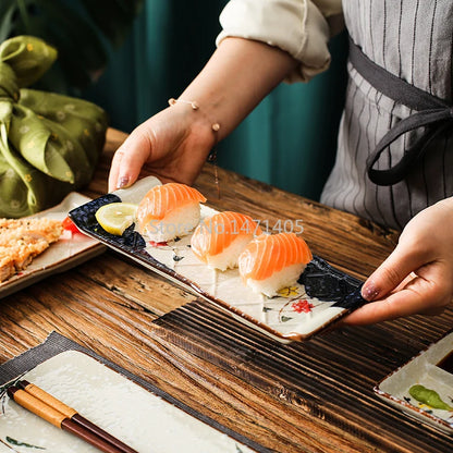 Japanese Style Set Tableware Cuisine Restaurant Commercial Retro Plate Rectangular Ceramic Net Red Tray Sushi Plate Dish.