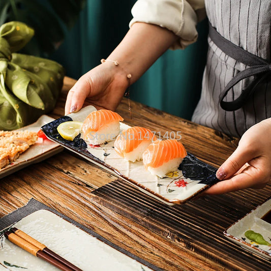 Japanese Style Set Tableware Cuisine Restaurant Commercial Retro Plate Rectangular Ceramic Net Red Tray Sushi Plate Dish.