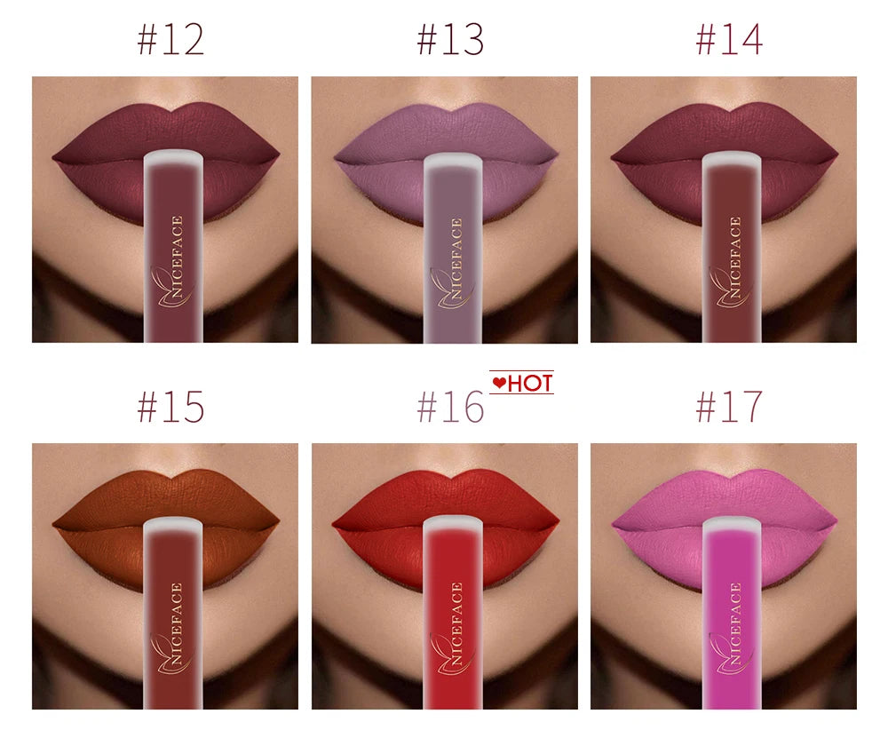 NICEFACE Matte Liquid Lipstick Waterproof Long Lasting Lip Gloss Tint Sexy Red Nude Purple Metallic Lipsticks Makeup Cosmetics.