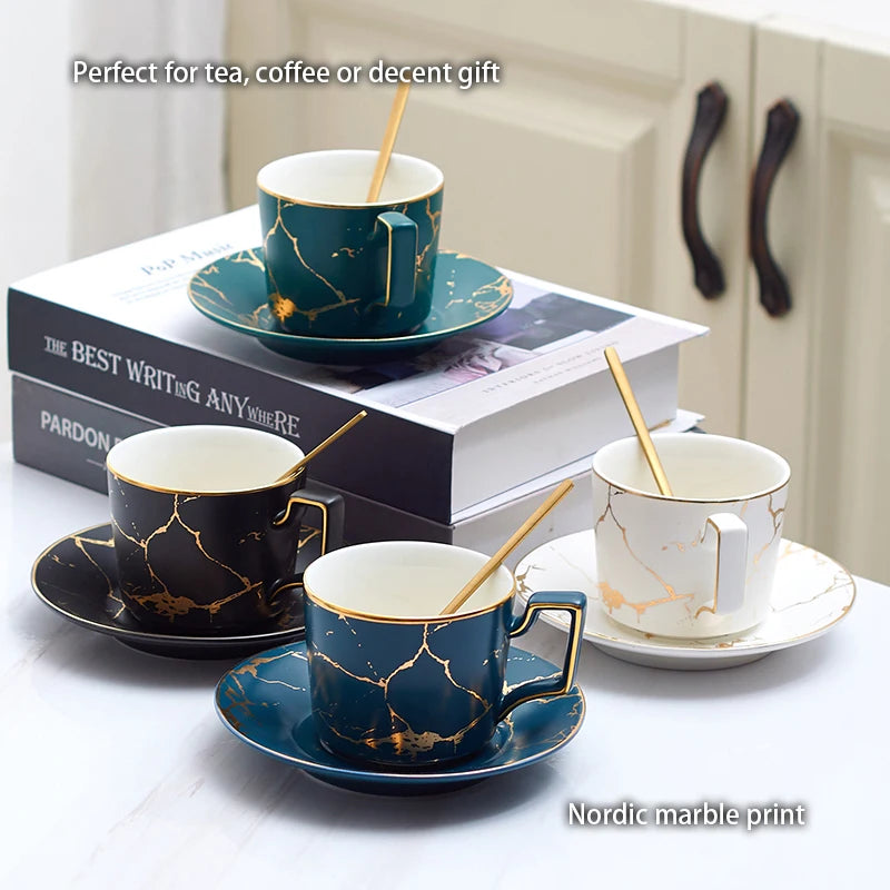 Marble Ceramic Coffee Cup Saucer Spoon Set 200ml Nordic Tea Cup Matt Porcelain Tea Set Advanced Teacup Cafe Espresso Cup.