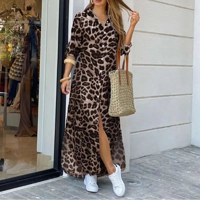 ZANZEA Party Vintage Leopard Robe Frauen 2025, Herbst Casual Langarm Maxi Lange Vestidos Kleid Mode Übergroßen Hemd Sommerkleid.