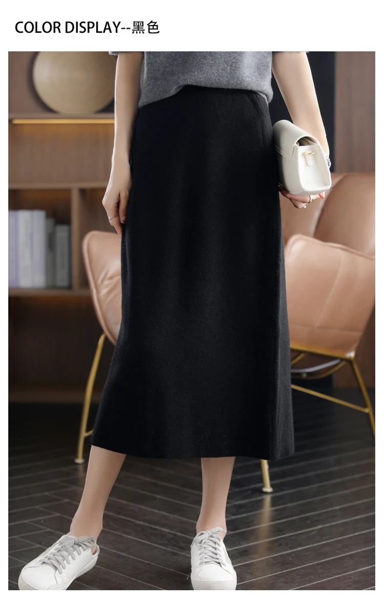 2024 Autumn Winter New 100%Pure Wool Knit Long Skirt Women Casual Thick Korean High Waist Pack Hip Cashmere Wild A-Line Skirt