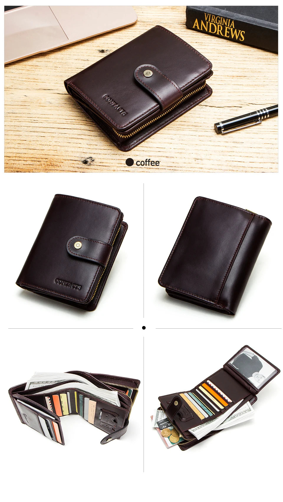 Contact'S Genuine Leather Wallets Women Men Wallet Short Small RFID Blocking Card Holder Wallets Ladies Red Coin Purse.