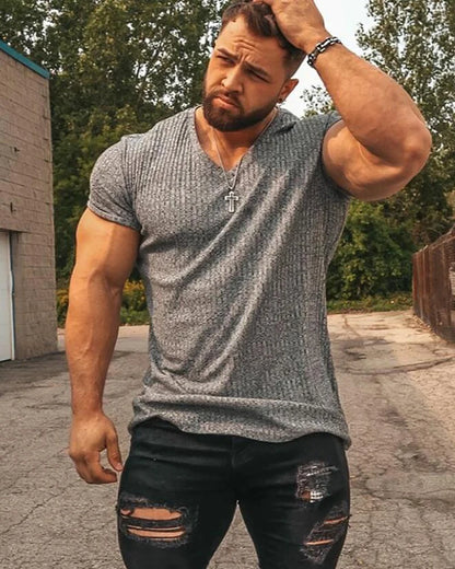 Men V Neck Short Sleeve T Shirt Fitness Slim Fit Sports Strips T-shirt Male Solid Fashion Tees Tops Summer Knitted Gym Clothing.