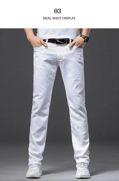Men White Jeans Fashion Casual Classic Style Slim Fit Soft Trousers Male Brand Advanced Stretch Pants.