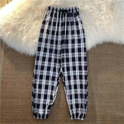 Hosen Frauen Neue Haufen füße Mode Lose Schwarz Plaid Sommer Harajuku Studenten Streetwear Harem Lange Hosen Frauen Chic