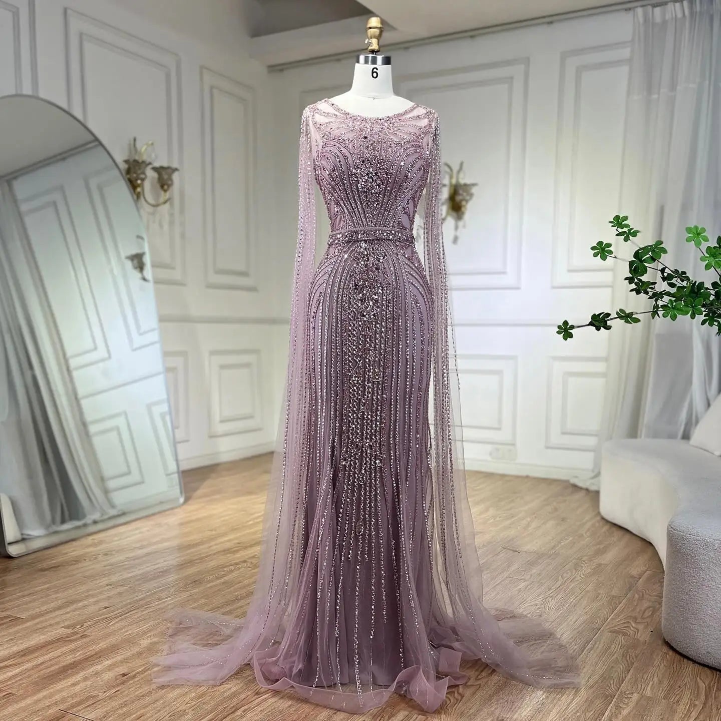 Taupe Cape Sleeves O Neck Beaded Evening Dresses Serene Hill LA70638 Mermaid Party Wear Gowns for Women.