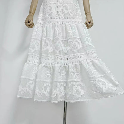 New Summer Elegant Embroidered Flowers Lotus Sleeves V-neck Woman Dress Lady Cotton Casual Dress.