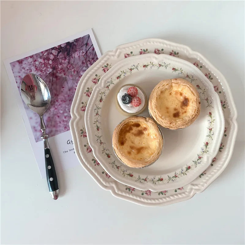 Ceramic Plate French Style Retro Floral Reliefs Food Plate Yogurt Salad Bowl Dessert Plate Dish Dinner Wedding Set Dinner Plates.