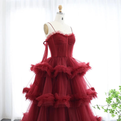 Arabic Burgundy Tulle Tiered Ruffles Evening Dresses With Gloves Pink Spaghetti Straps Wedding Party Gowns SF049-2.