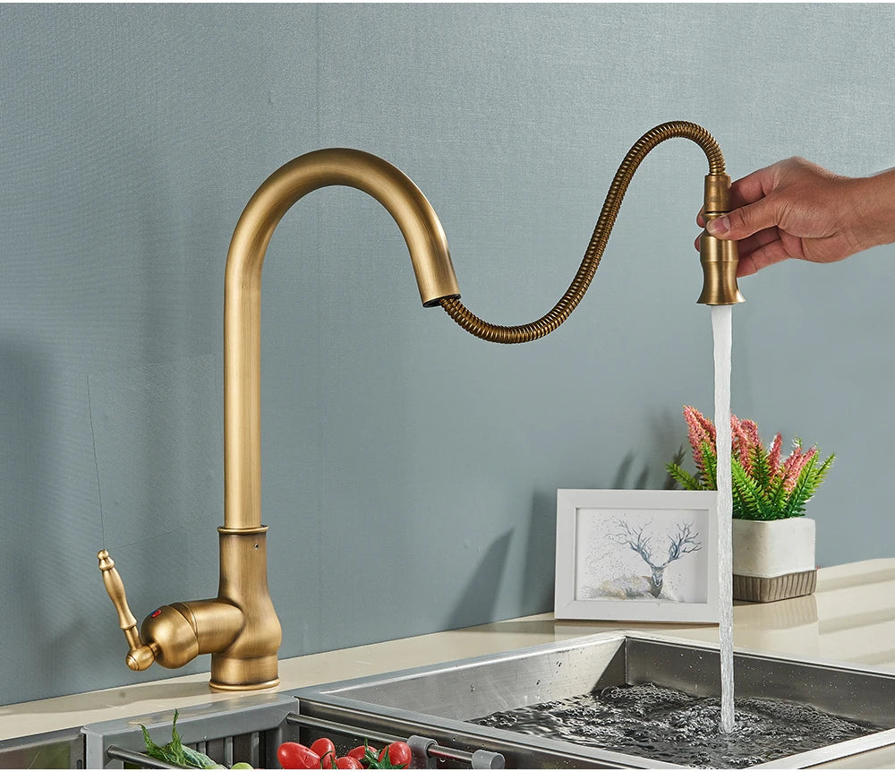 POIQIHY Antique Brass Kitchen Faucet Pull Out Bathroom Kitchen Mixers Single Handle Pull Down Cold Hot Water Tap Deck Mounted